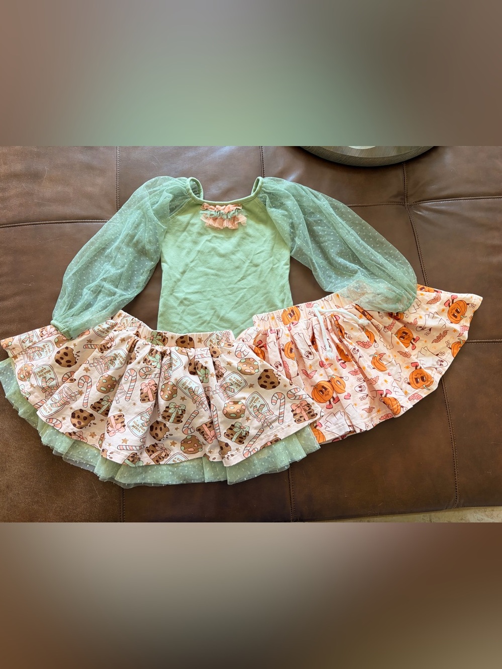 cheeky plum Mint Green Puff Sleeve Top with 2 matching festive Holidays skirts